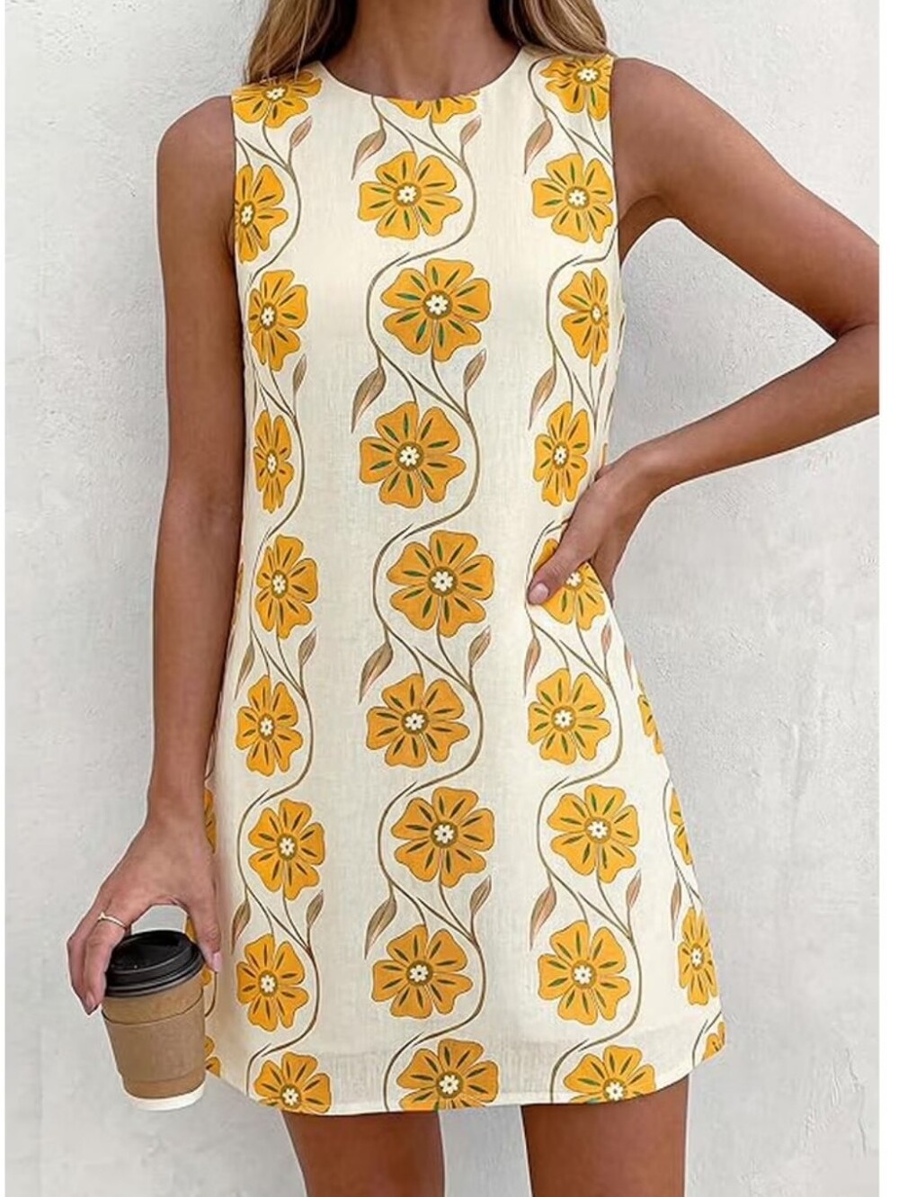 PRETTYGARDEN Womens Sleeveless Shift A-Line Mini Dress in Apricot Yellow Floral